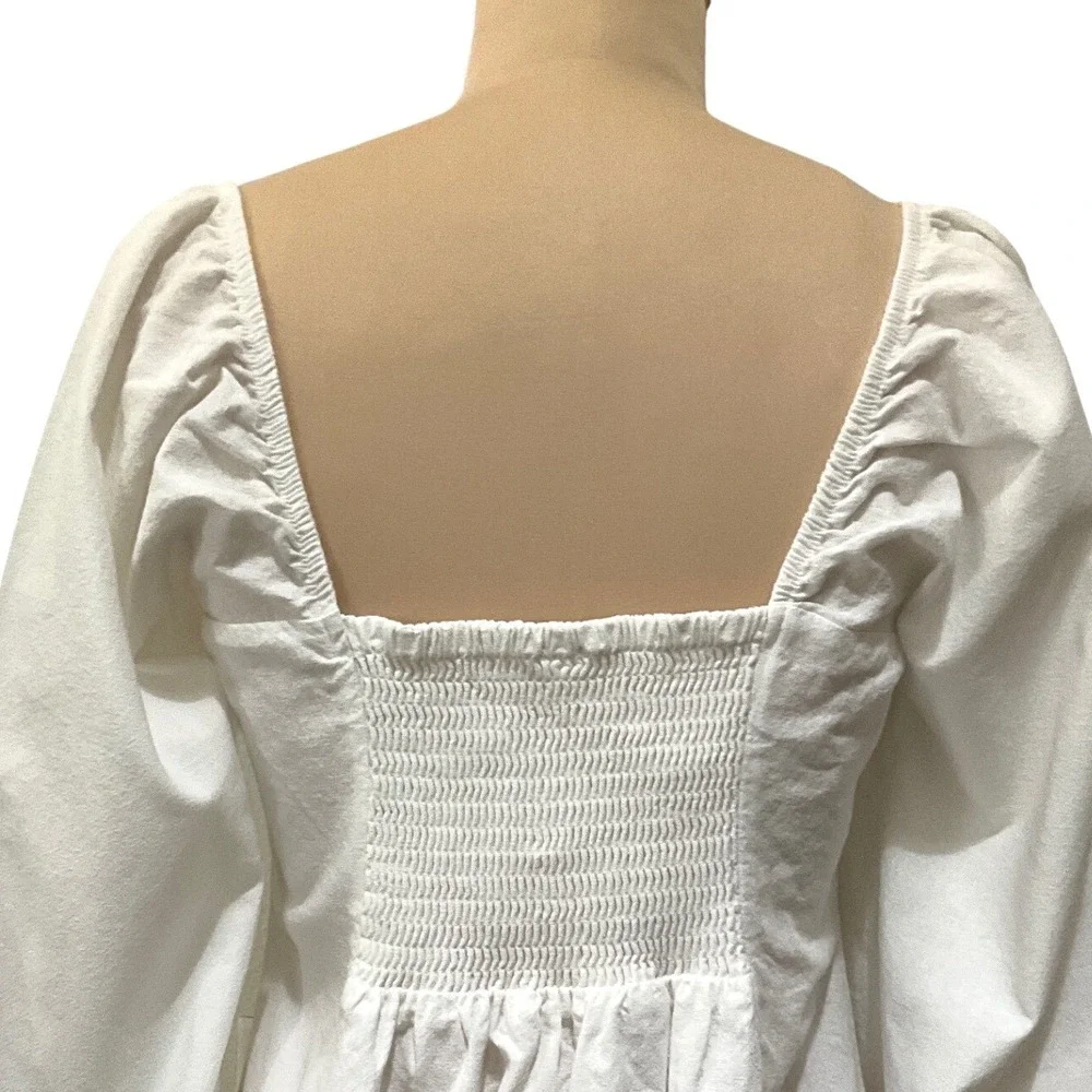 Free People White Cotton Linen Puff Sleeve Mini Dress Smocked Back Cottagecore M
